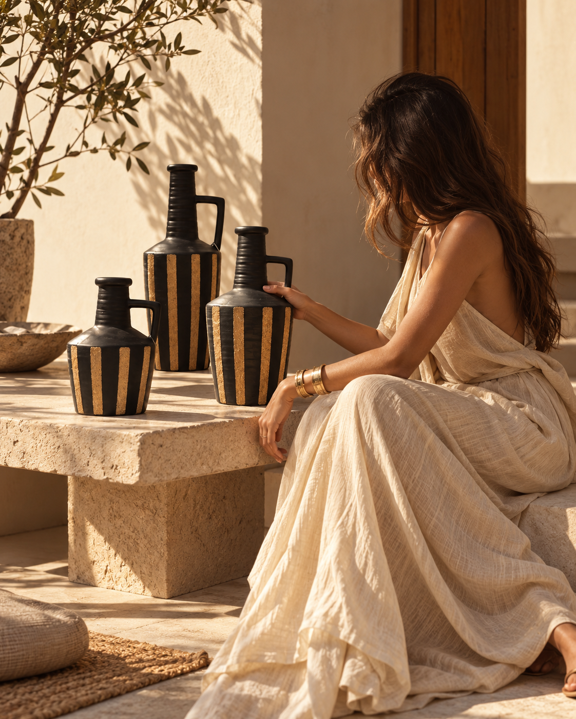 striped black and beige lux vase